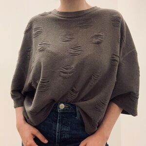 Zara Grey Dolman Short Sleeveeve Ripped Distressed Sweater Sz S